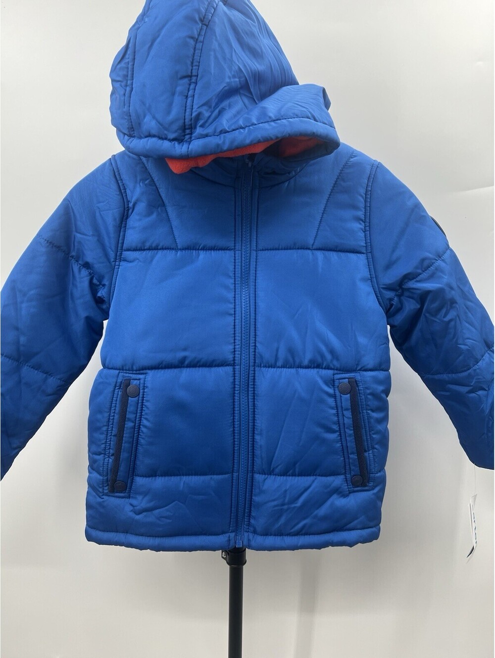 Carter's Boys Blue Puffer Coat Orange Fleece Lining Hood Winter Jacket NWT S/4
